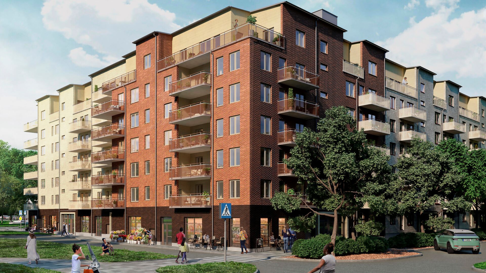 Flerfamiljshus i tegel och betong med balkonger, omgiven av fotgängare och grönska under en klar himmel