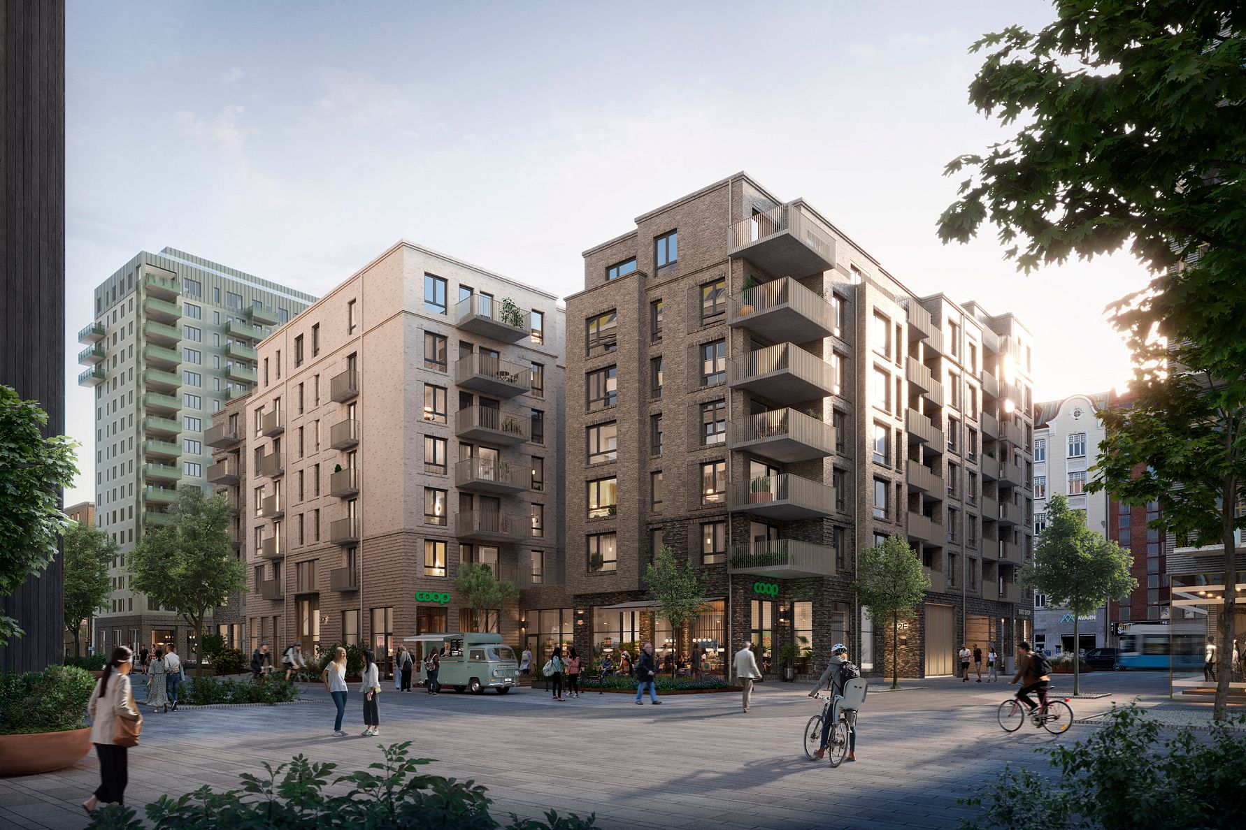 Modernt bostadsområde med flerfamiljshus i tegel, omgivna av grönska och gående samt cyklande människor på en solig stadsplats