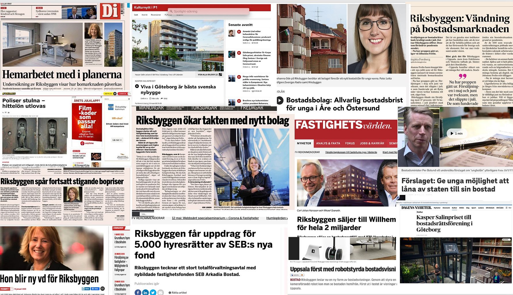 En collage av tidningsartiklar och nyhetssidor med olika rubriker och bilder, relaterade till fastighetsmarknaden och bostadsutveckling i Sverige