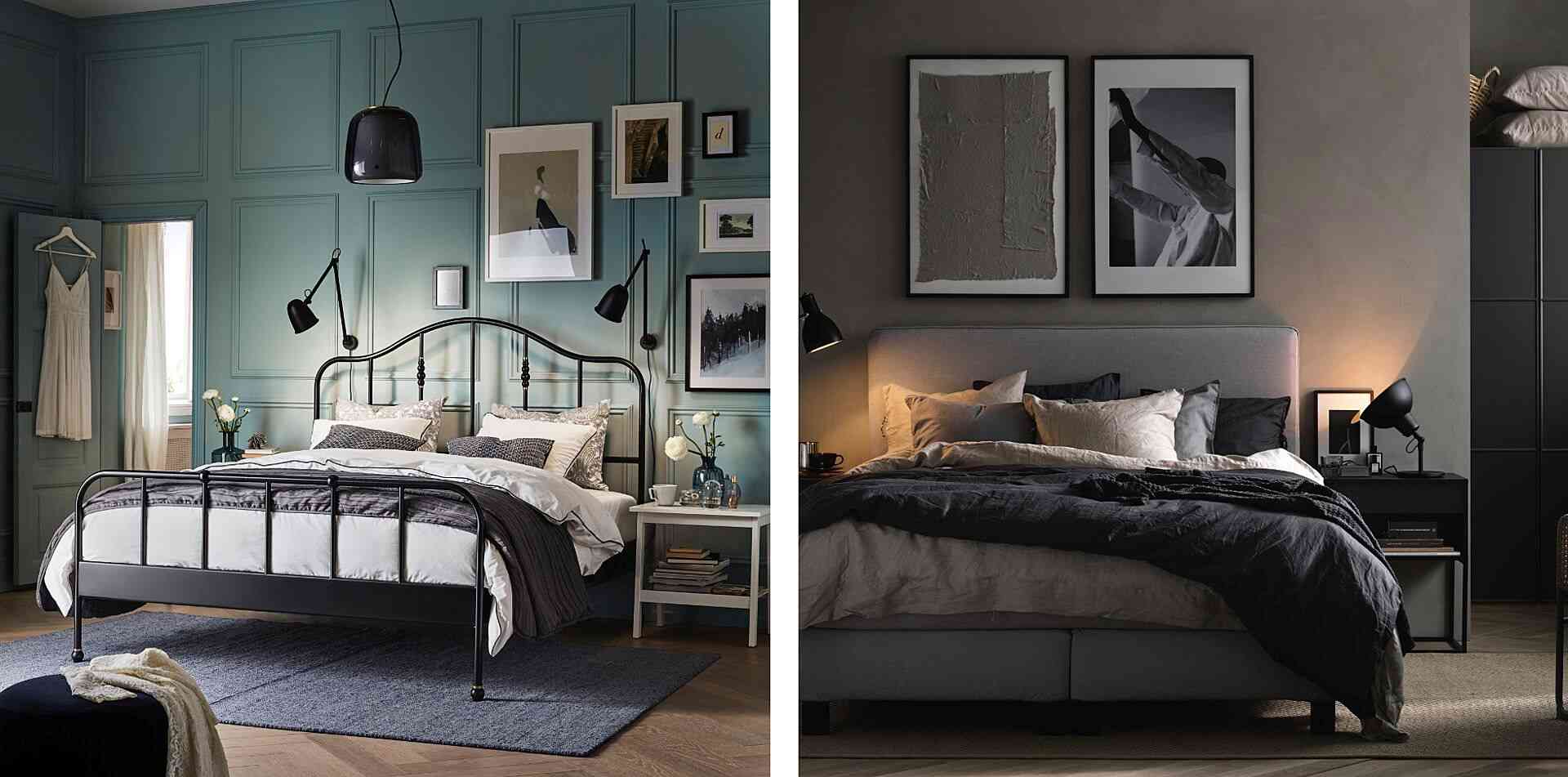 Två bildexempel av vackert inredda sovrum, det ena med en metallramad säng och blåa väggar, det andra med en stoppad sänggavel och neutrala jordtoner