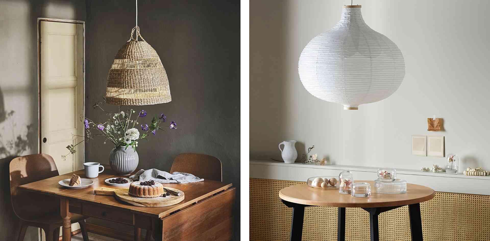 Två olika köksmiljöer med träbord. Vänster: Bord med korglampa, blommor, kaffekopp och kaka. Höger: Bord med vit papperslampa, mindre dekorationer och glasföremål