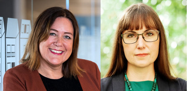 Två kvinnor i formella kläder, en med bakgrund av moderna byggnadsdetaljer och den andra framför en grönskande naturbakgrund