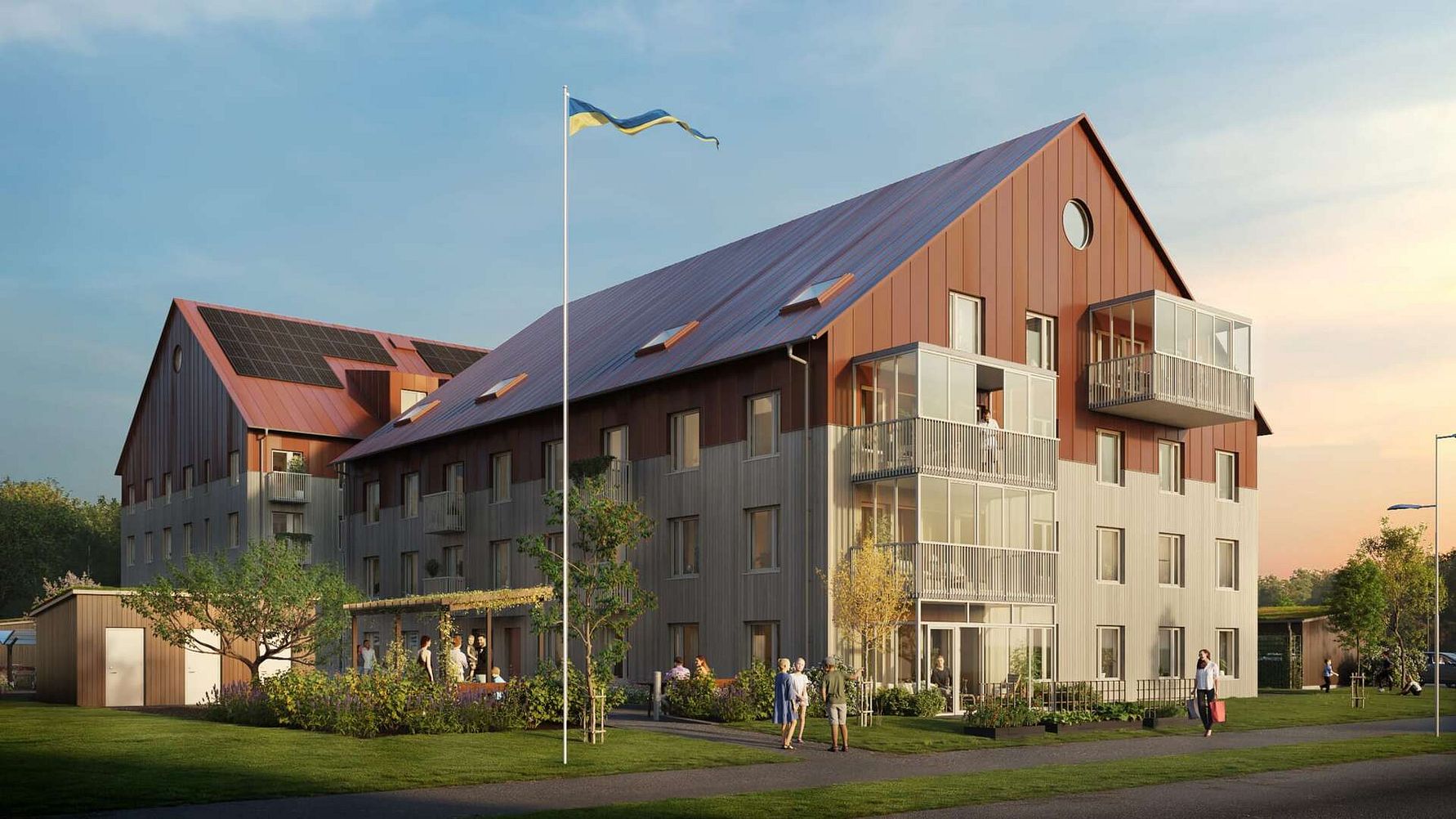 Inflyttningsklar lägenhet med moderna flerbostadshus, balkonger och svensk flaggstång