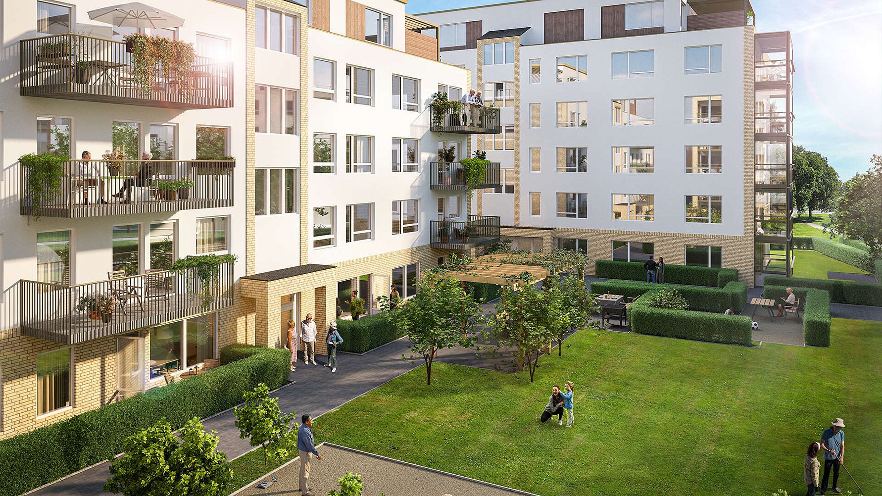 Illustration av inflyttningsklar lägenhet med människor på balkonger och i en grön innergård