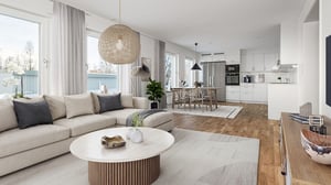Inflyttningsklart vardagsrum och kök i ljusa neutrala färger med stora fönster, soffa och matplats