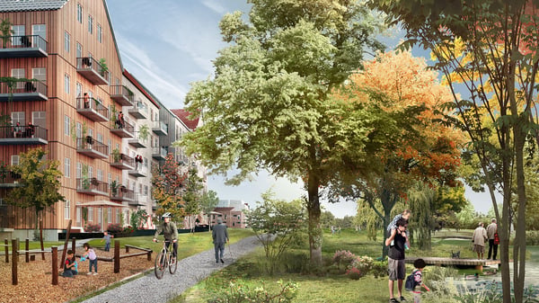 Modernt bostadshus med balkonger intill grön parkmiljö med gångväg, träd och människor utomhus i Östra Ramlösa 