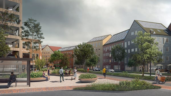 Illustration av Östra Ramlösa  med flerbostadshus, träd och människor på innergård